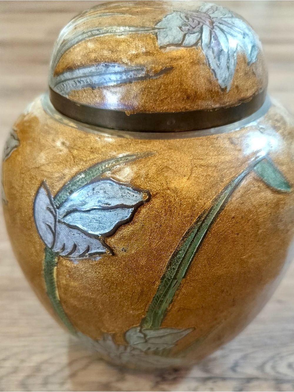 Vintage Hand Etched Brass Ginger Jar Artisan Enamel Lidded Urn Iris Flower 7"